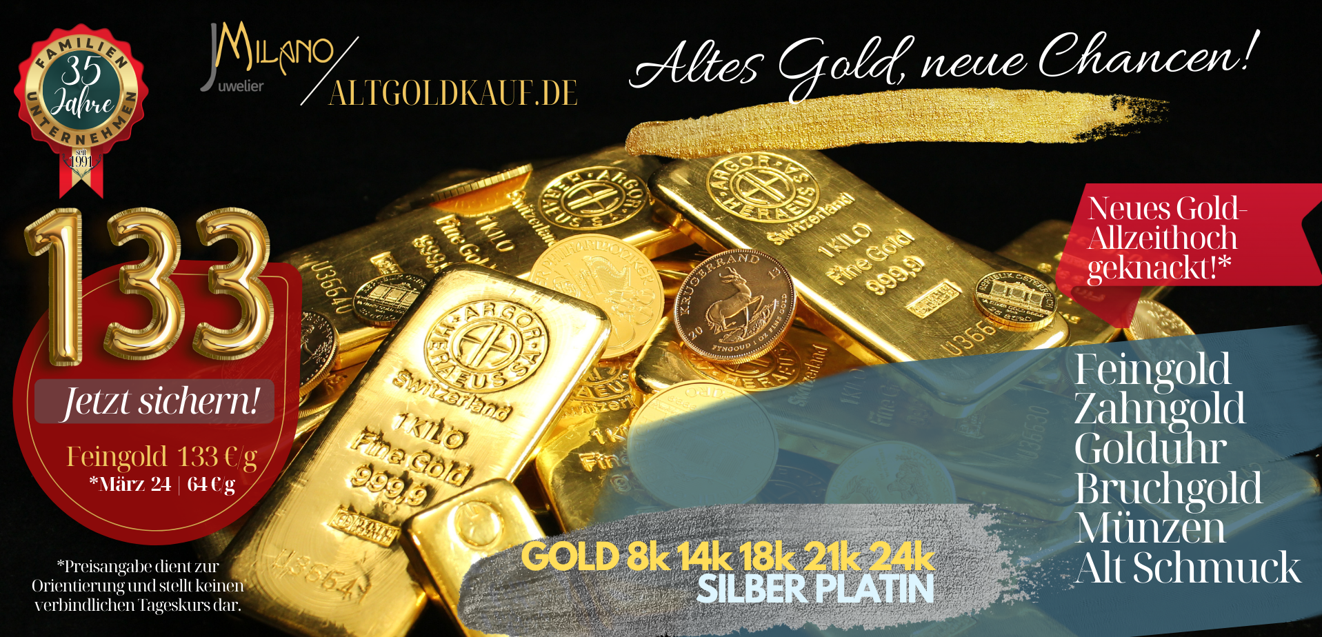 Goldankauf zum aktuellen Rekordpreis. Altgold zum Tageskurs zu Geld machen. 
